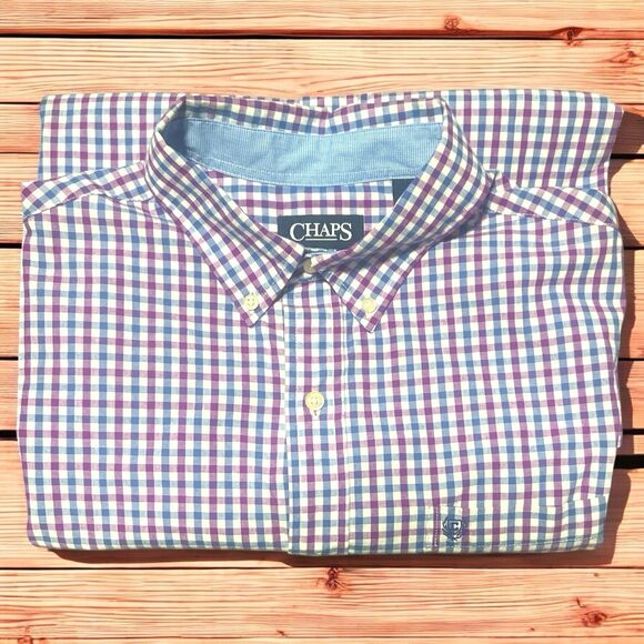 Chaps Men’s Large Plaid Shirt Purple Blue Short Sleeve Button Down Easy Care - Picture 1 of 4